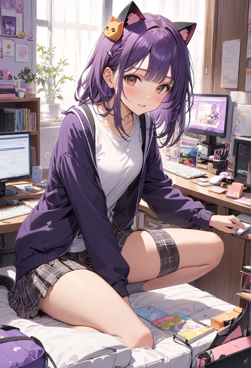 purple haired catgirl sitting at a computer streaming