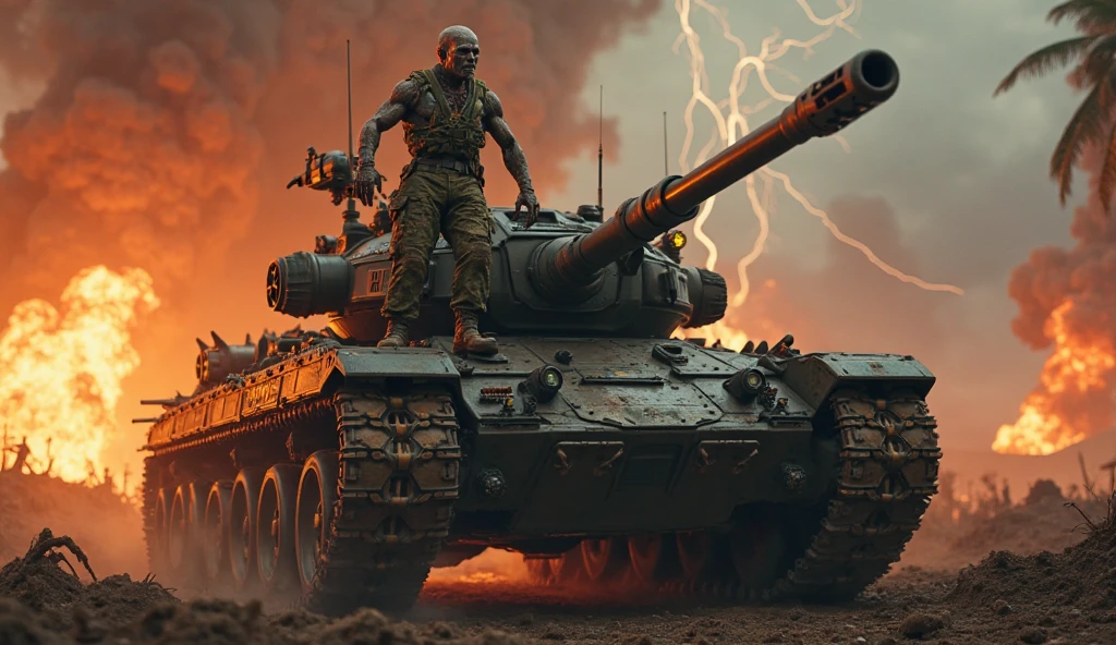 a cinematic movie scene, comic version, ironman in his red suit fighting a chftntank tank, explositions,
 <lora:Chieftain_Tank_-_Early_SDXL:1>