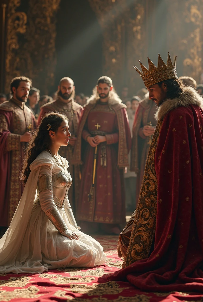 a 50 year old woman, dark haired, dressed the same as Sansa Stark, lying on a bed, sick and with spots on the skin. She is in a room in a castle lying on a bed. Standing next to your bed,uma jovem de 20 anos loira cabelo fios de ouro wearing a crown. standing next to her, a tall strong man like John Snow, wearing a crown, he and the young woman are looking at the woman lying on the bed