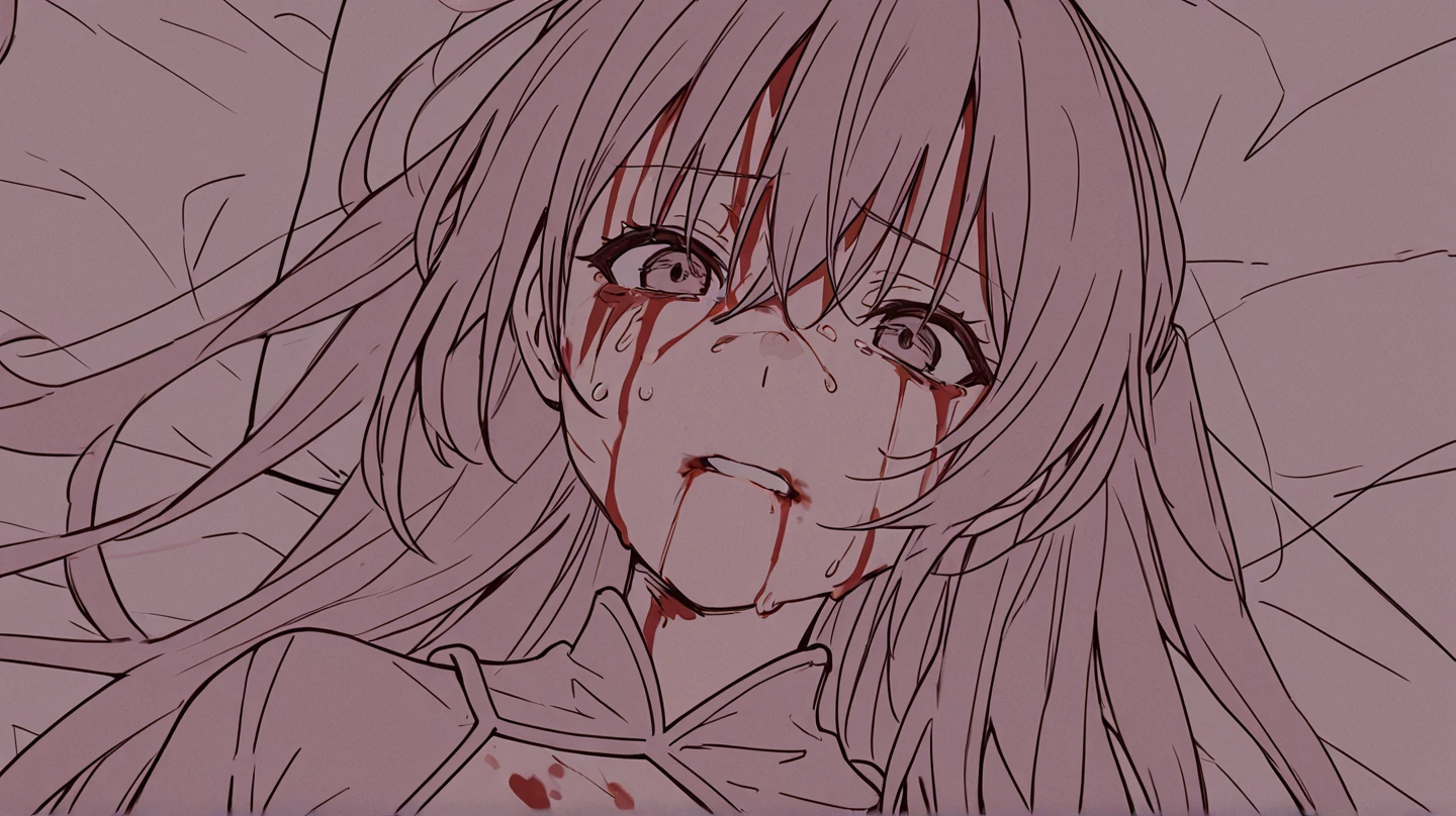 digital drawing,Portrait of a beautiful woman, cried, sad, tears of blood, suffering,only part of the face, long white hair,