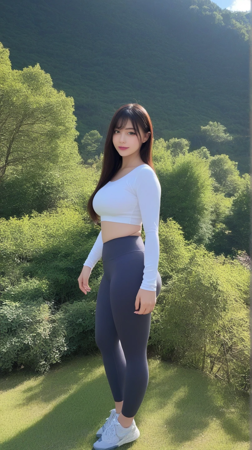 Highest quality、8k、masterpiece、Ultra-high resolution、Clear photos、Professional Lighting、Natural light、Realistic, Highly detailed skin, Perfect Anatomy、One Woman、Idle class、Baby Face:1.6、Large Breasts、(Large areola)、Large erect nipples:1.6、Glamour、Bob Hair:1.8、Black Hair:1.8、Beautiful Hair、smile、(Navy blue sports bra:1.1)、The sports bra is see-through、(Perfect Pantyhose:1.2)、(The pantyhose are see-through)、On the hiking trail、((Standing pose))