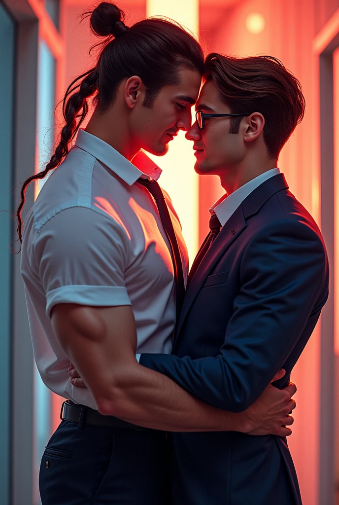 1 muscular attractive small thong, being hypnotized, kissed and groped by a very skinny effeminate nerdy gay man. Hyperrealism, Full body shot.