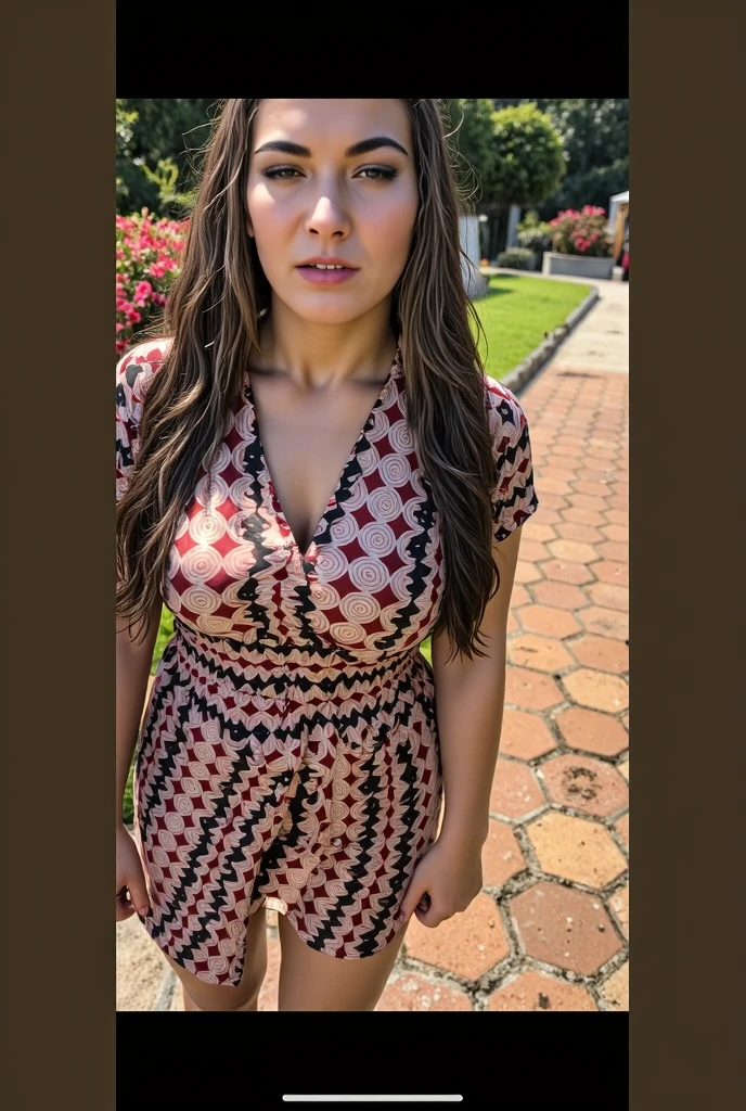 1girl, full_body,(8K, Raw photo, highest quality, masterpiece:1.2),(realistic, photo-realistic:1.37),figure,very delicate and beautiful,perfect female body, busty, curvaceous forms, very detailed,photo shoot,8K,wonderful,finely,detailed and beautiful eyes,highest quality,ultra high resolution,((very detailed face)),(photo-realistic:1.37),(wearing tight tie dress, red elegant patterned dress, tight jean skirt), outdoor