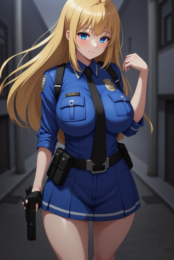 High quality, golden hair, long hair, blue eyes, Big tits, Wear glasses, female police officer, micro bikini, white gloves , long stockings, Slut, in public, 4k