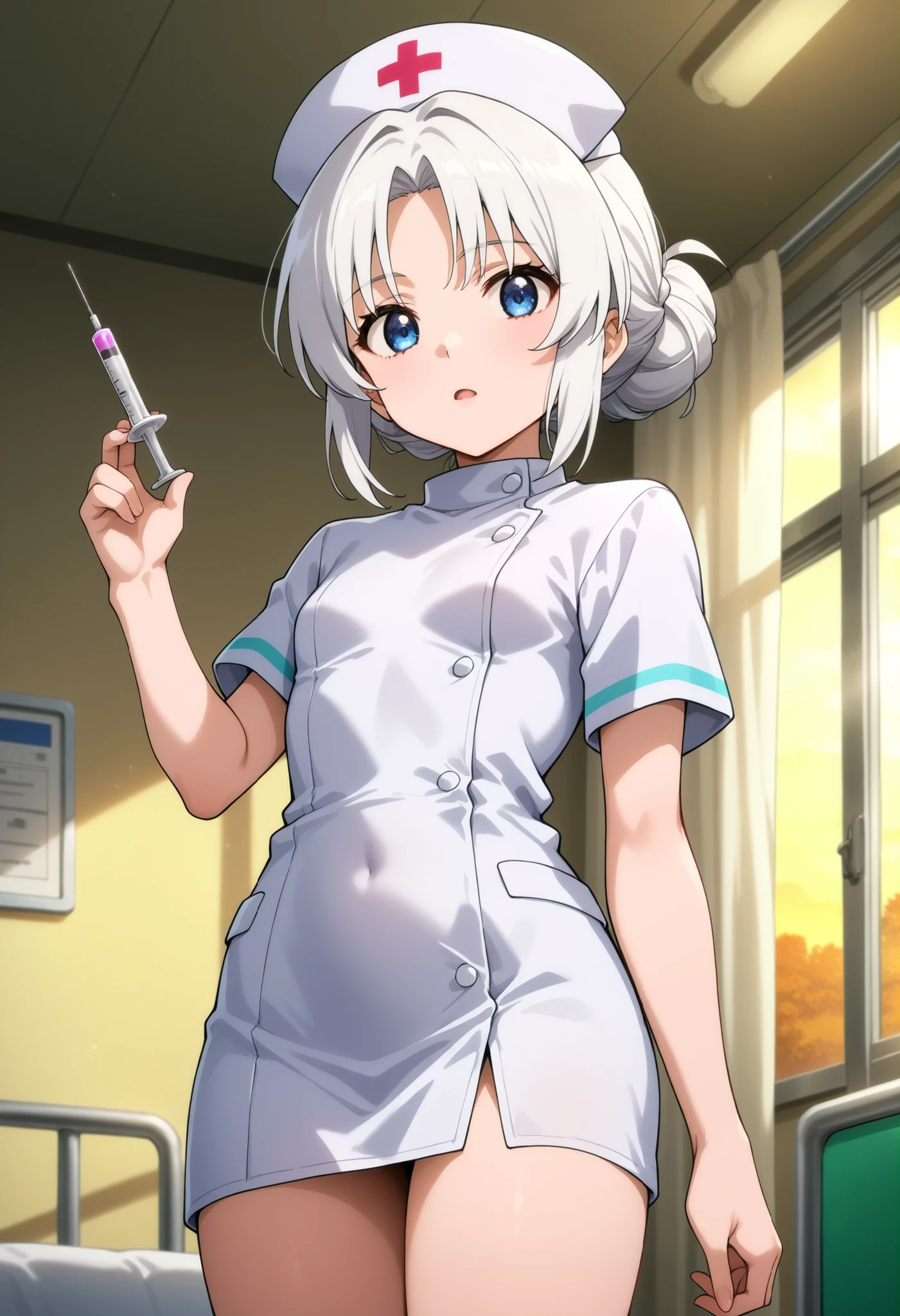 Secelia Dote, short hair, thick thighs, solo, nurse, ((white nurse cap, white nurse's outfit)), ((white legwear, zettai ryouiki)), white gloves, smile, standing, hospital room, sharp outline, short sleeves, best quality, masterpiece