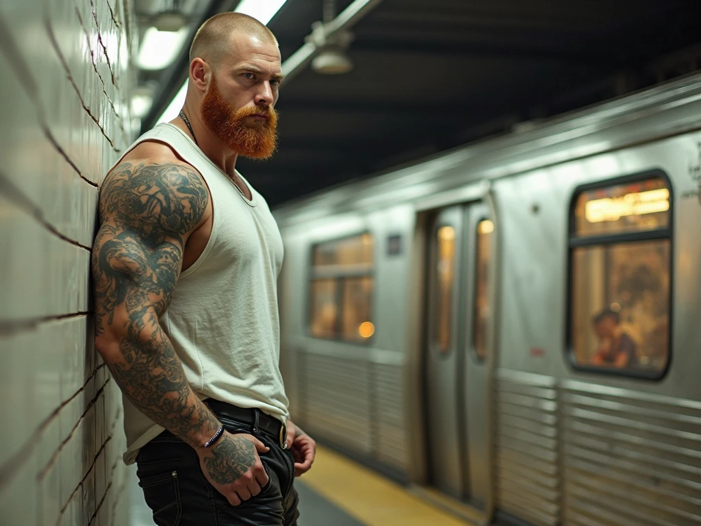 A very muscular and strong man with a large thick blond beard sits shirtless confidently on a subway seat. He has a powerful build with broad shoulders and a well-defined chest.. He wears elegant black leather pants and black leather boots., which complement its robust appearance. Sa coiffure est courte et bien entretenue. His hands are clasped in front of him and he has an assertive look.., looking sure of himself. L'subway interior is modern with bright red seats and metal surfaces reflecting the lights outside'Interior of the car..