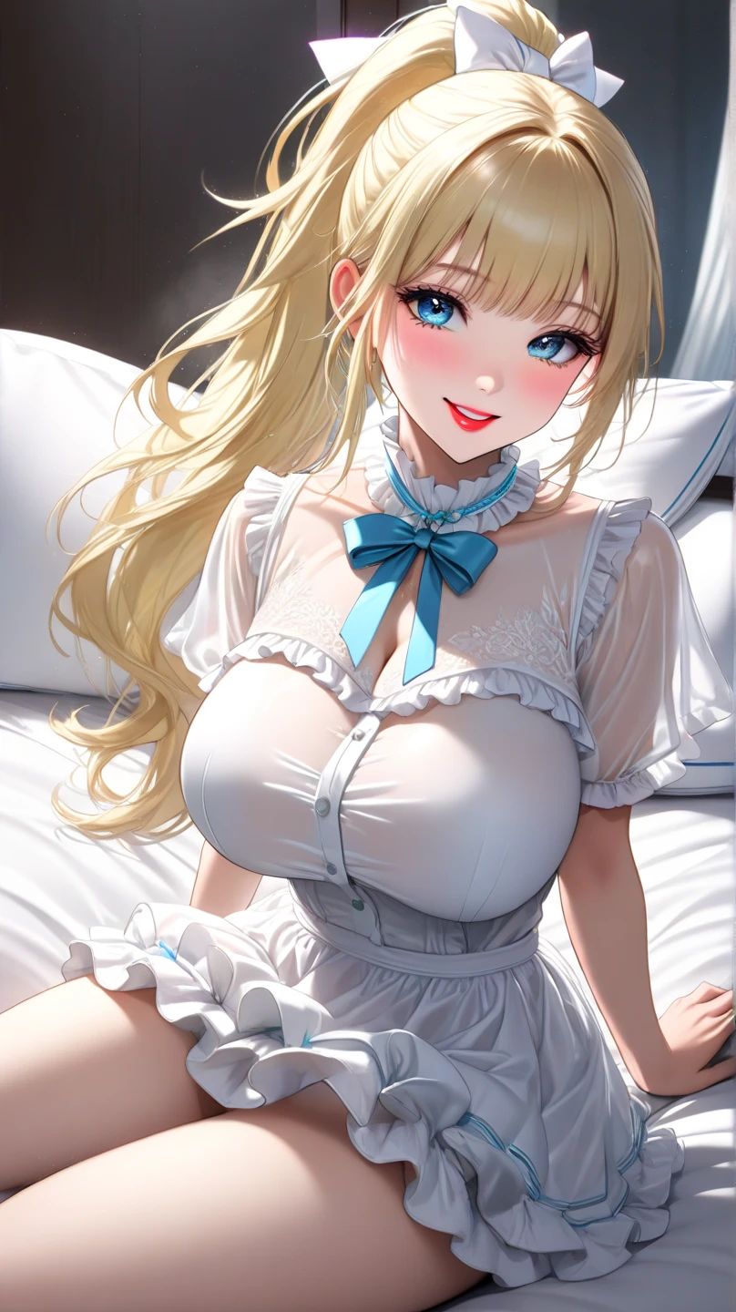 ((highest quality、High resolution))、beautiful girl、perfect body、beautiful ample breasts、Long blonde、maid、Looks embarrassed、spread your legs wide、((I'm inviting you to have sex))