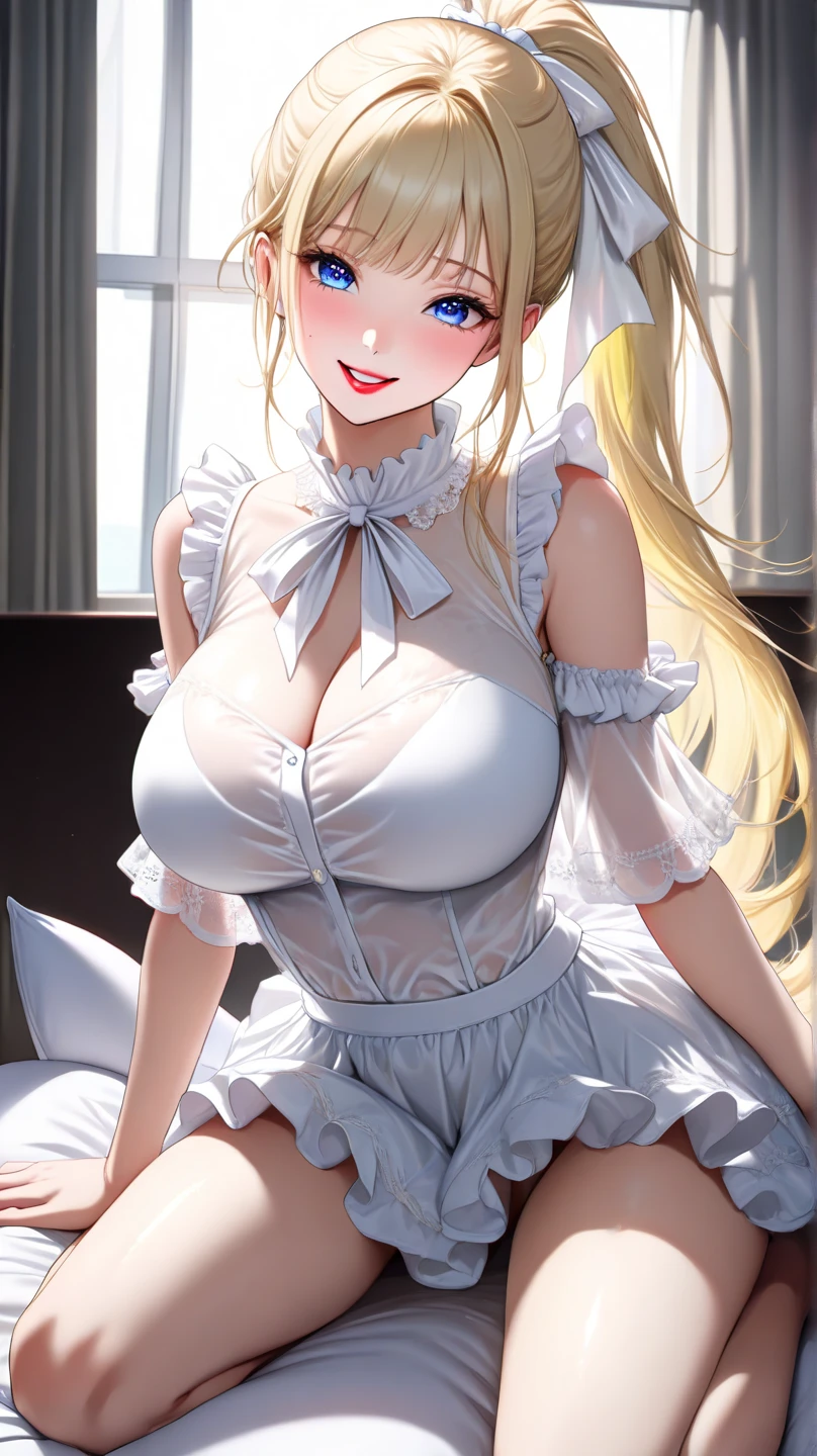 (masterpiece:1.5), Highly detailed CG Unity 8k wallpaper,(Realistic,Realistic,超Realisticな:1.5),(curve,model,Glamour:1.4),(Huge breasts:1.4),(thin:1.4),(Vivid colors:1.4),Beautiful 胸,Beautiful detailed shadows,Beautiful Eyes,Beautiful body,Beautiful Skin,Beautiful Hands,(Big Breasts:1.4),Captivating smile, Broke up_lips,(White bed,White bedルーム,White sheets:1.4),(Long Hair, ponytail:1.5),(Place your hands between your legs:1.4),(Spread your legs:0.6),clavicle,head,Attractive thighs,Shapely thighs,Green Eyes,(White underwear:1.4),(High quality fabric,Ren Hao,lace trim bra,Lace-trimmed legwear:1.4),Delicate pattern,Intricate details,blush,Glowing Skin,(Small panties:1.4),Broke up_lips,
Anime girl sitting on bed in luxurious lingerie, Highly detailed art,(Huge breasts:1.5),
