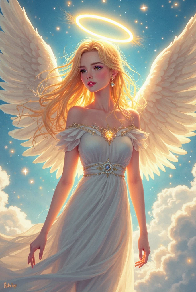 The body is facing straight ahead towards the camera., looking at viewer, from above:1.2, little toddler angel, smile, big eyes, blonde, Neat and loose dress with sleeves, A dazzling light from behind, Angel wings on the back, Glowing space background, Prayer-like pose, Super realistic
