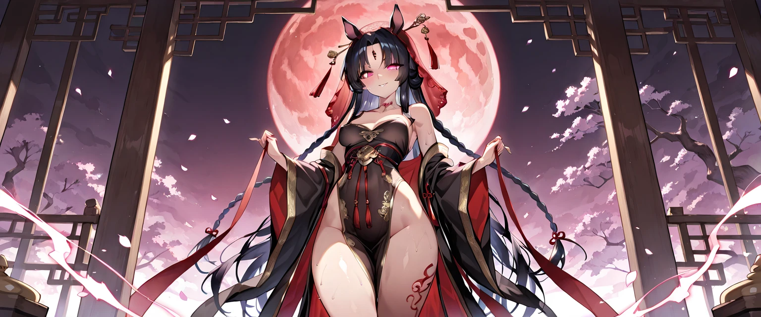 1 girl, light skin, small breasts, black hair, oni horns, red eyes, long ponytail, emo hairstyle, purple kimono, open clothes, black open bra, black tanga, princess tiara, flip flops, japanese temple, night sky, moon, high quality, skinny, masterpiece, detailed body, detailed face, detailed eyes, glistering body, shiny body, full body, :), flip flops,