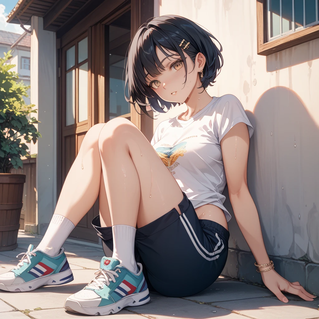 (short cute girl, young studeg delicate girl),(masterpiece,Top quality),squat,,short sleeve,black hair,sleepy