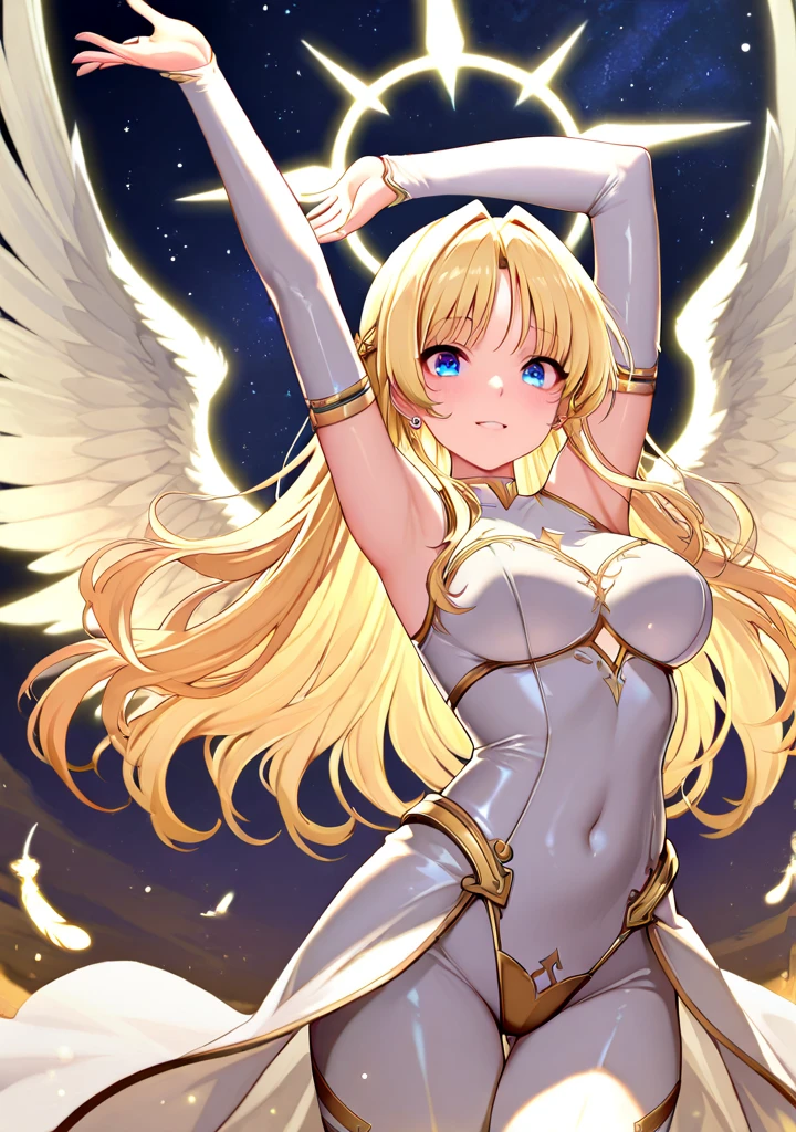 Dark magician girl as an 8-winged angel with a dazzling halo above the angel'cabeza, y el fondo de la imagen es el cielo. dark wizard angel. arte celestiales. ultra detallado. photographic quality. Pase sujestiva y sensual