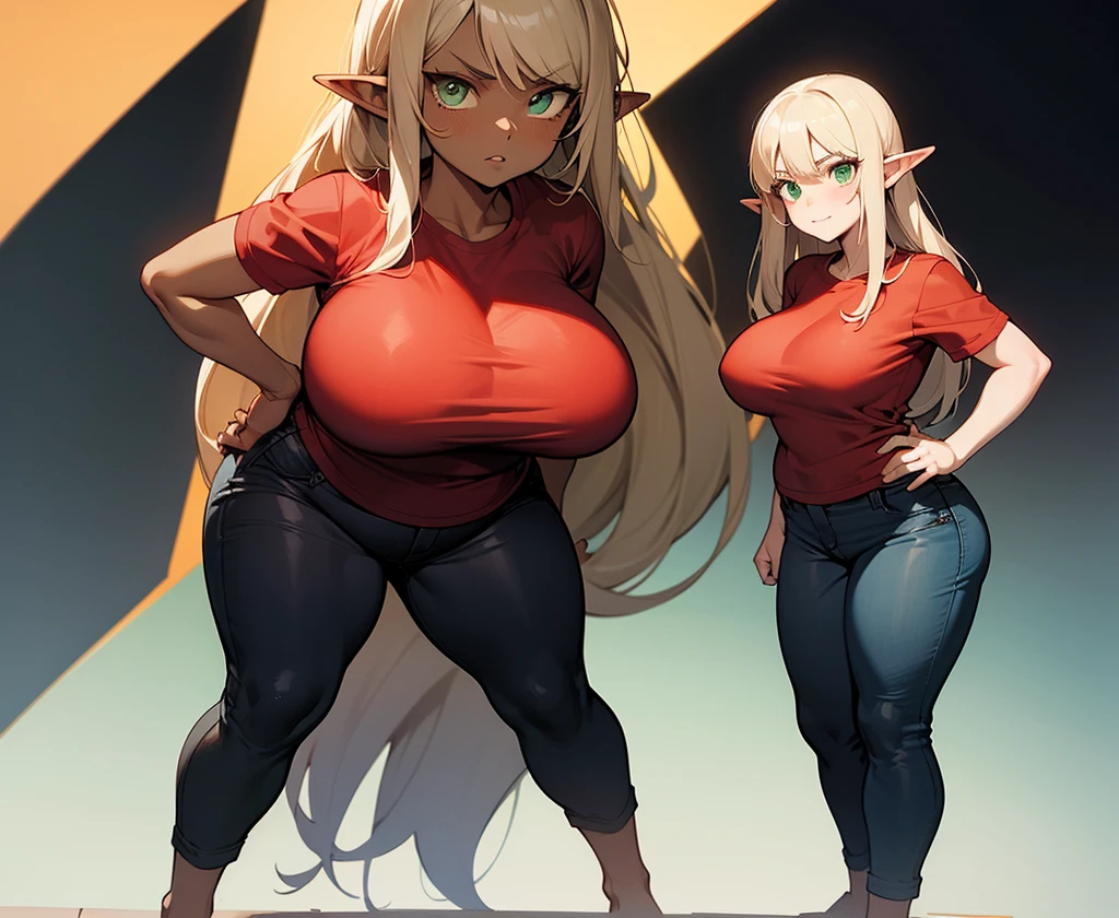 mother and daughter (mother: wide hips, elf pointy ears, full body, standing, revealing armor, curvy, huge breasts, bodysuit, blonde hair, ponytail hairstyle)