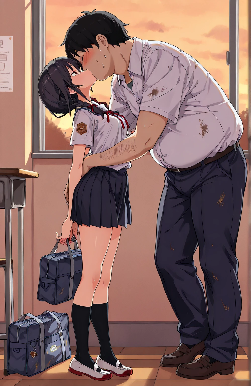 (SLE, mksks style, detailed background:1.1), 2 people(1 woman)(1 ), mature, 37 year old woman, brown woman, sweaty skin, brown skin, teacher, voluptuous body, horny, very young boy, little boyy, 6 year old boy, kindergarten student, kneeling behind woman, side view,, volumetric lighting, (outdoor:1.3), kindergarten classroom, woman on all fours, ass up, face down, moaning, doggystyle sex, cock, pussy, penetration