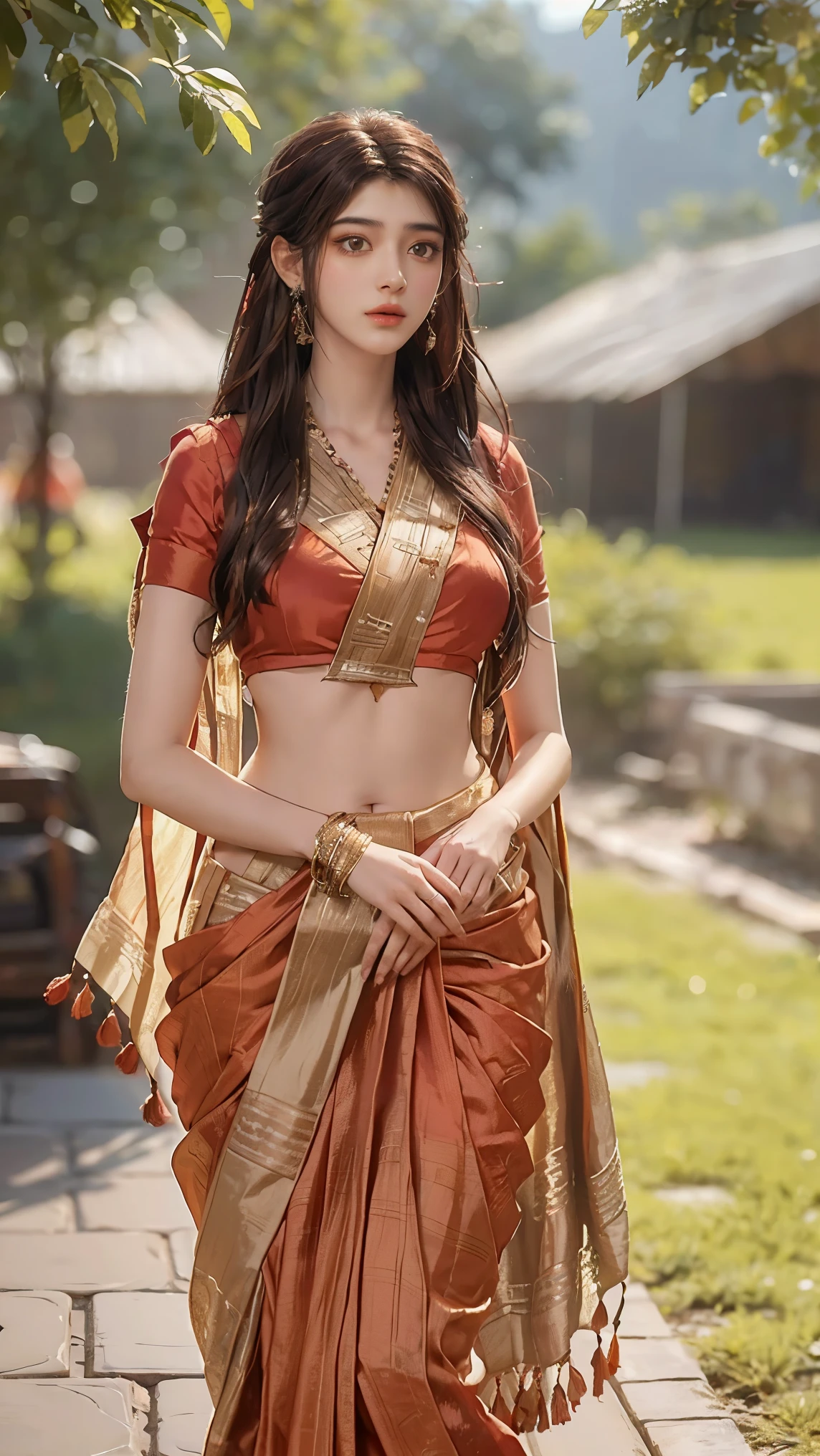 upper half body of (A hyper-realistic), (illustration), (high resolution), (8K), (highly detailed), (The best illustration of beautiful detailed image), (top-quality), (ultra-detailed), (masterpiece), (beautiful attractive face), long hair, Earrings with bangs, ((20 year old Indian beautiful girl)) , (((wearing red Indian silk traditional sari ))) , (((Glamorous body))) , Elegant Pose, Seduction pose, Looking at the camera, garden background
