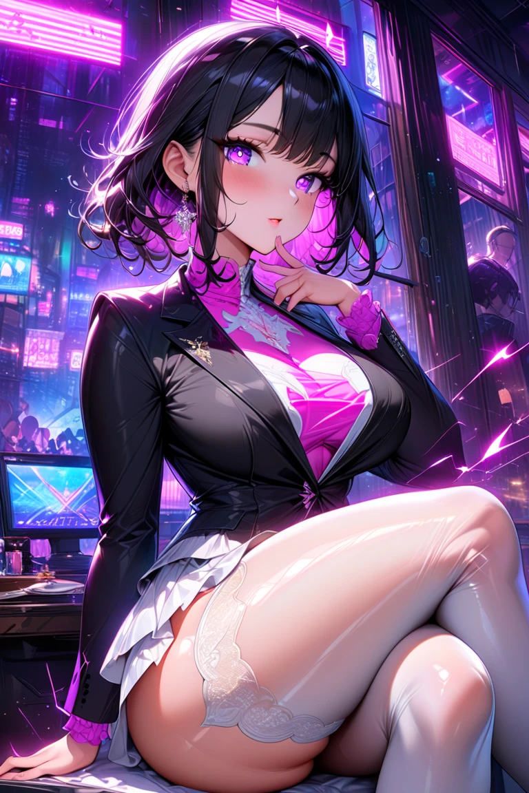 (masterpiece, best quality), ultra high res, professional artwork, ultra detailed, detailed face, cinematic lighting, intricate, 1girl, hair ribbon, collarbone, ribbon, red eyes, twin braids, strapless dress, off-shoulder dress, cleavage, (rgb:1.4), (GAMER:1.4), HEADPHONES, huge breasts, rave festival, night, light rays, edc, rave, lens flare, led, perfect skin, long vivid colorful hair, toned, cameltoe, breast focus, legs focus, dramatic colors, dancing, beautiful background, detailed background, dutch angle <lora:GamerFashion-rgb-V1:1>