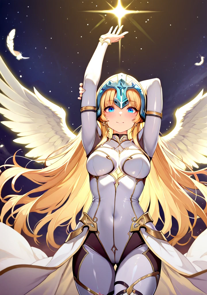 Rosalina wearing pegasus armor from CDZ, Pegasus armor from Saint Seiya, white armor, Rosalina perfect face, perfect pegasus armor, cleavage, simple pegasus armor, standing and simple pose, hair over one eye, simple background, night sky, movie ilumination, holding down pegasus helmet