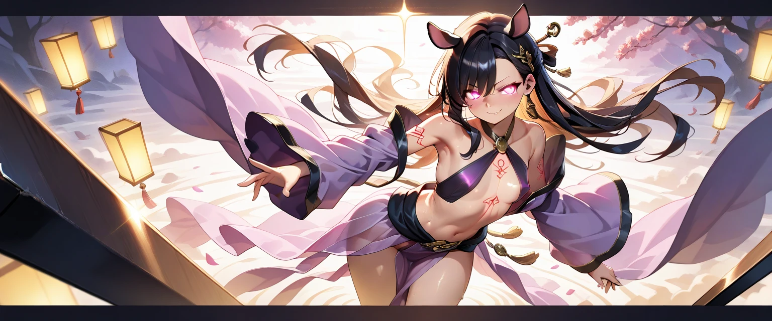 Detailed face、Detailed eyes、Mouth details、Detailed nose、(Magical girl:1.3)、Very cute girl、beautiful girl、belly button、Thighs、Cute Japanese Woman、15 years old、Young girl、mini skirt、Wizard Costume、Show your whole body、Strike a Pose、Underbust、Cyber Background、Cat Ear Headband、Detailed panties