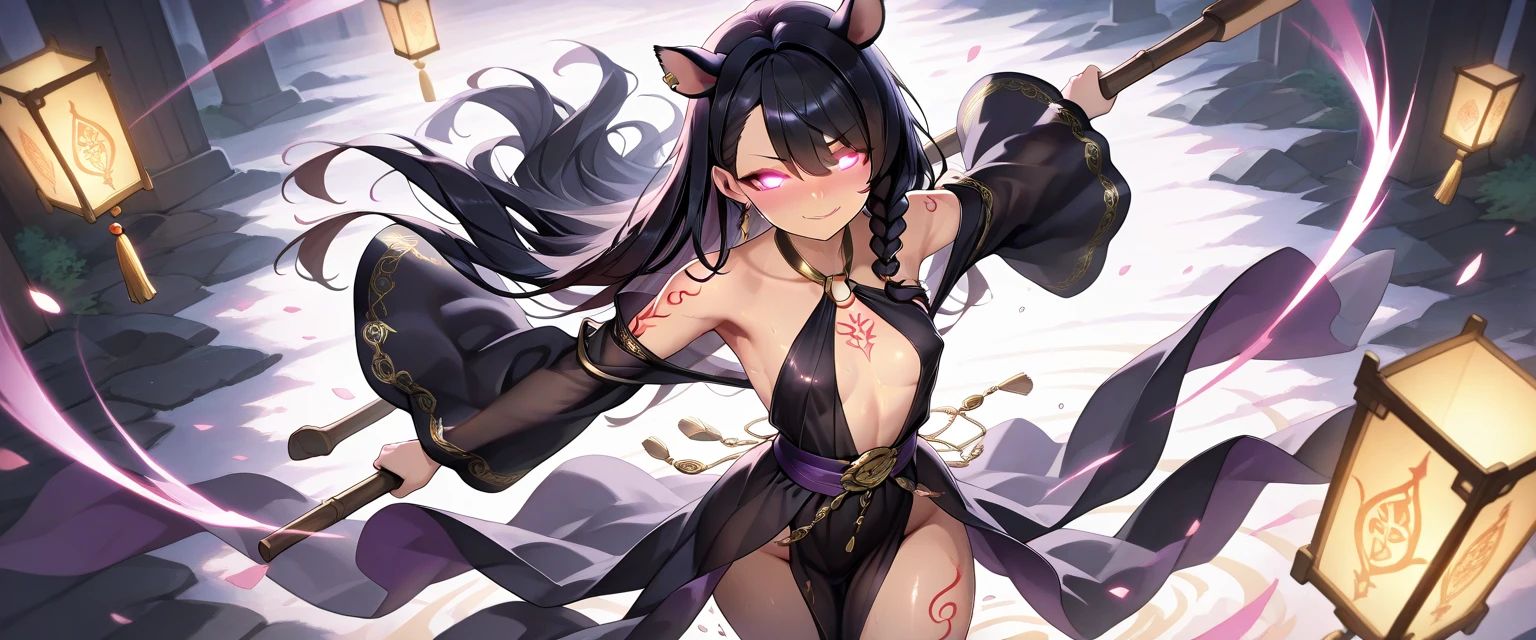 24 year old girl, scantily clad, clothes with gold details, egyptian, orejas de Anubis, Red eyes, looking at the viewer, with arms raised, BROWN SKIN, Fox tail, high definition in detail, very long hair, cabello colpe rojo, desert bottom, incada, whole body, slanted eyes, sexy, semi dressed, golden tattoos, navel earring, Anubis