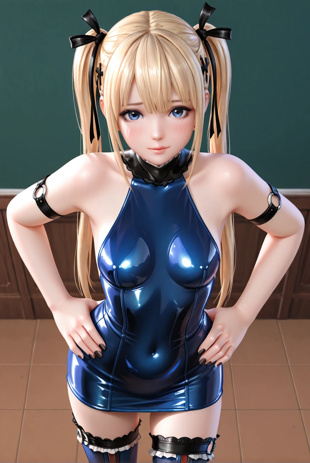 Highest quality,Highest Resolution,(((Latex competition swimsuit Blonde dark blue eyes sweat))) Code Geass Monica long hair straight expressionless flat chest woman cool