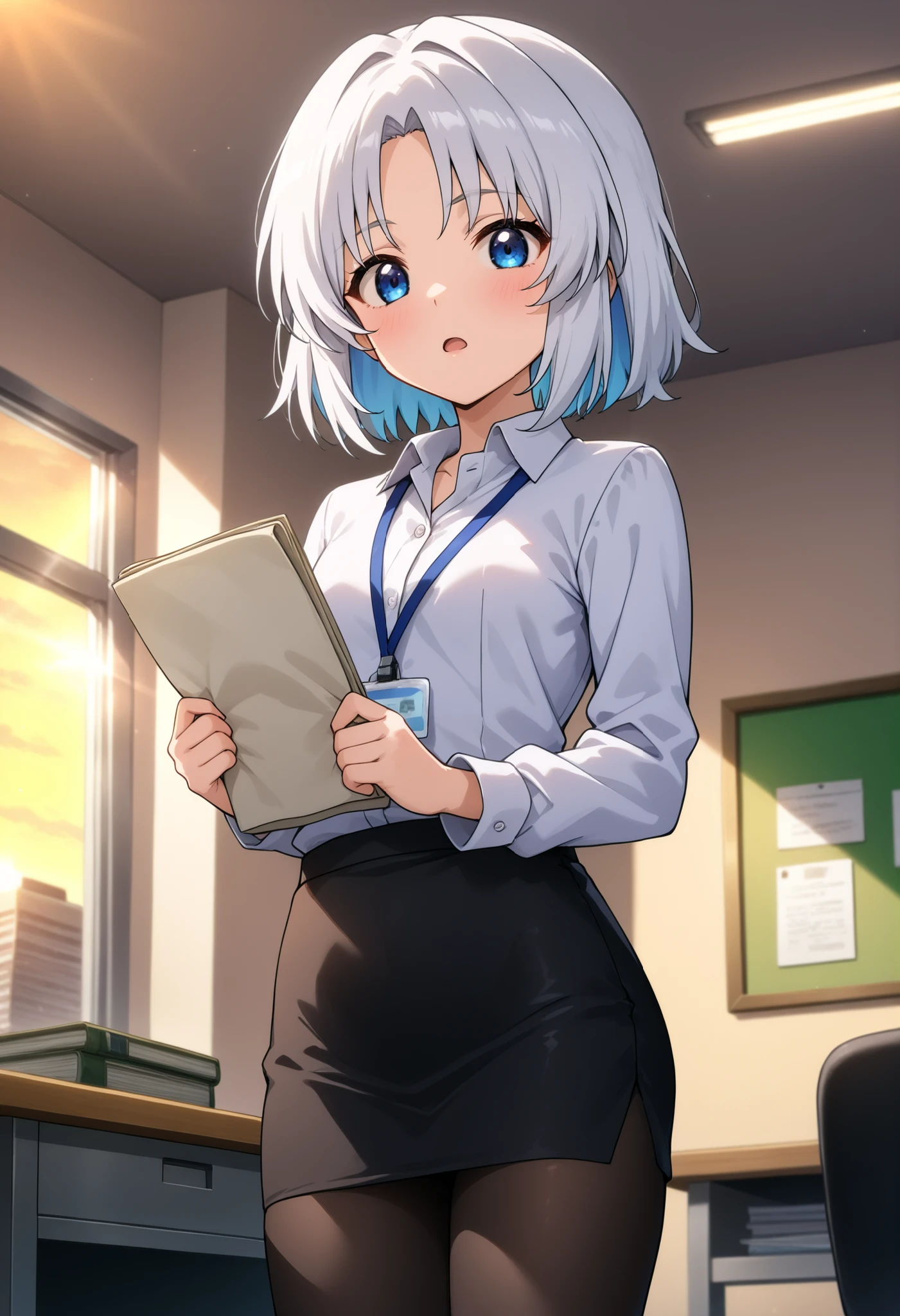 higurashikira, anime screencap, anime coloring, cowboy shot,
1girl, solo, daughter, aged down, short female, toned female, white hair, short hair, parted bangs, blue eyes, small breasts,
office lady, white long sleeves collared shirt, black pencil miniskirt, black pantyhose, id card,
looking at viewer, expressionless, open mouth, holding document, standing,
indoors, office, desk, sunrise, sunlight,
(masterpiece, best quality, absurdres, highres, newest, very awa, year 2024:1.2)