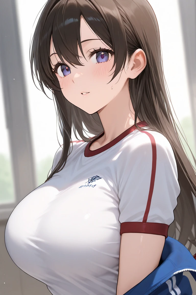 Big breasted high school girl after exercise、black hair、Gym uniform with white T-shirt and red pants、My clothes are wet with sweat、refreshing face、Plenty of sweat、Bra is transparent、outdoor