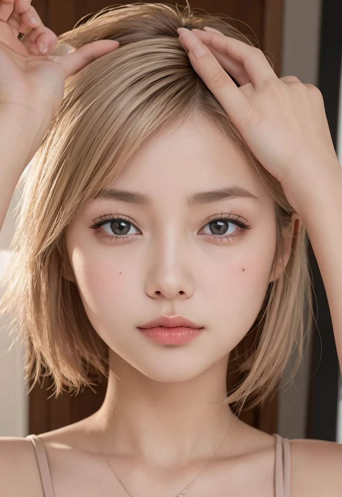 randome pose、mix4、(8K、Raw photography、top-quality、masterpiece:1.45)、(realisitic、Photorealsitic:1.37)、一人のgirl with、cute little、Cityscape、natta、Sateen、Wetty、profetional lighting、photon maping、Radio City、physically-based renderingt、Gradient black hair、white hair、short curly hair、a handsome、girl with、Tight T-shirt、pale-skinned、top-qualityの写真、hight resolution、1080p、(clearface)、(Detailed face description)、(Detailed hand description)、 (masterpiece), (Exquisite CG), extreme light and shadows, dishevled hair, masterpiece, lush detail, (Fine facial features), (Highest Quality Photos), (masterpiece), (finely eye), Look in front of you, Fine clavicle, (Colossal tits:1.47),