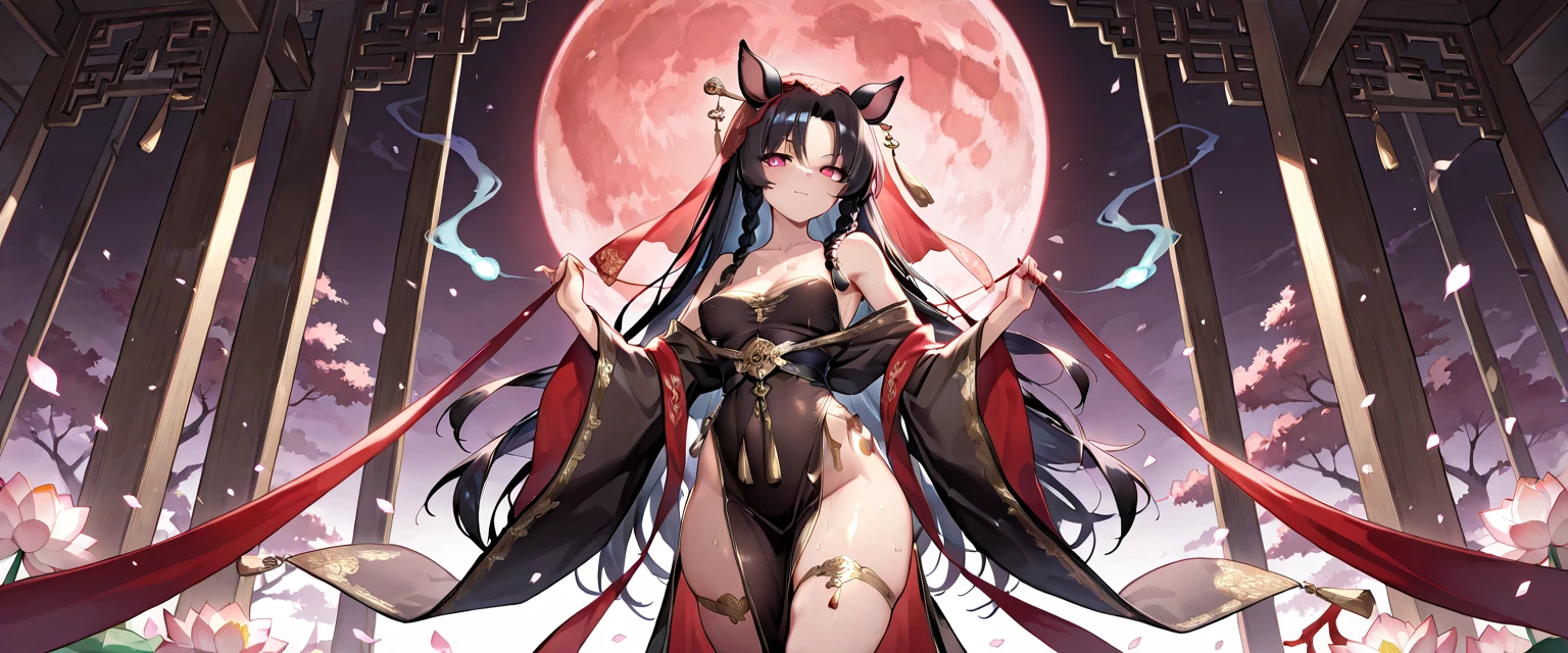 1 girl, light skin, small breasts, black hair, oni horns, red eyes, long ponytail, emo hairstyle, purple kimono, open clothes, black bikini, princess tiara, japanese temple, night sky, moon, high quality, skinny, masterpiece, detailed body, detailed face, detailed eyes, glistering body, shiny body, :), full body, flip flops,