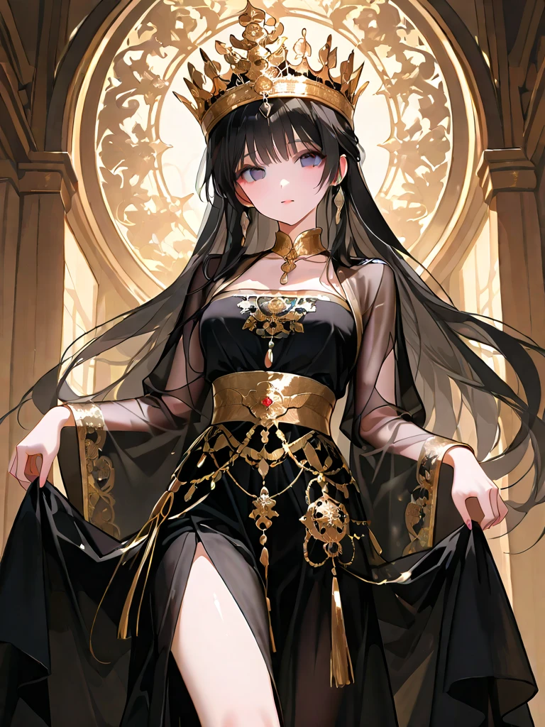 ((anime artstyle)),(Masterpiece),(Best Quality),(Super Detail),(Very Delicate and Beautiful),Solo,((full body portrait)),((BlingBling)),((1 arrogant princess in beautiful embroidery black and gold gorgeous rococo ballgown with  voluminous full length hoop skirt)),((crinoline)),gorgeousfull embroidery,Long train((arrogant,haughty)),(((arrogant smile))),Sharp eyes,(holding a luxurious scepter),((gorgeous gemstone jewelry)),detailed face and eyes,jewel-like eyes,Purple eyes,(Bangs between eyes),((large amount of straight hair,extremely Long voluminous black Hair)),((gigantic tits,Long tits)),gorgeousfull embroidery,cleavage,extremely gorgeousfull hair ornament,(bling-bling extremely gorgeousfull jeweled tiara),gorgeous corsage,(Dynamic Angle),Looking at viewer,(full body)),((beautiful embroidery and glitter jeweled black and gold gorgeous rococo ballgown with voluminous full length hoop skirt))