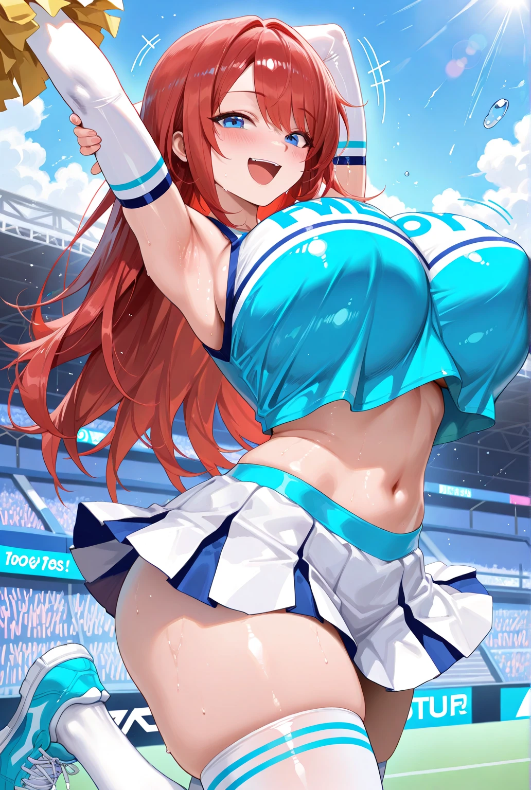 masterpiece, best quality, detailed,
teenage, volleyball player, cyan volleyball uniform, numbered, short shorts, sweat,
nilou \(genshin impact\), large breasts, long hair, navel, jewelry, blue gemstone, earrings, horns, crown, neck ring, red hair, {green eyes},
dynamic pose, intense angle, action pose, holding ball, 
mksks style, blue sky, highly detailed background, volleyball ball, stadium, indoor stadium, crowd, bodysweat, professional lightning, spotlight,