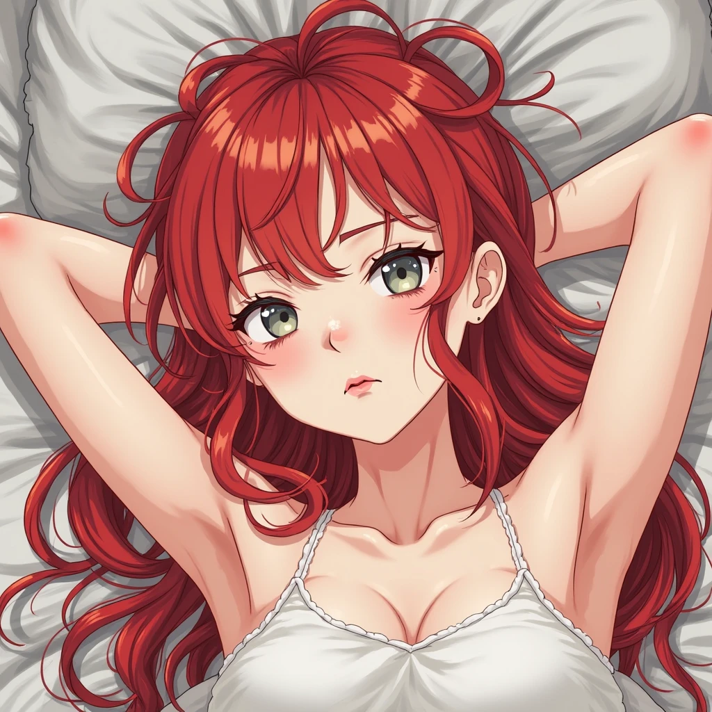 masterpiece, best quality, absurdres,1girl, gorgeous, lying on a bed of roses, redhead, long wavy hair, full body shot, from above, opulent, sumptous, parted lips, dreamy, longingly, (detailed face), bare belly, soft lighting, limited palette, shades of red and white, (red roses all over the background:1.4),nice hands, perfect hands