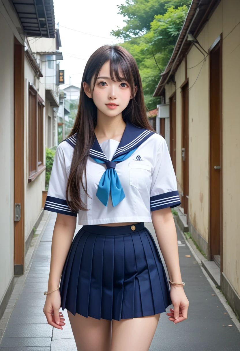 girls in old-Japanese town on school trips,white sailor shirt,navy blue pleated skirt,18-year-old,bangs,a little smile,thighs,knees,short hair with low pigtails bunches,from below,front light