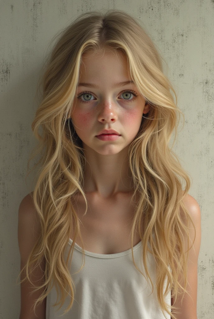 A young teen with blonde long hair is drooling