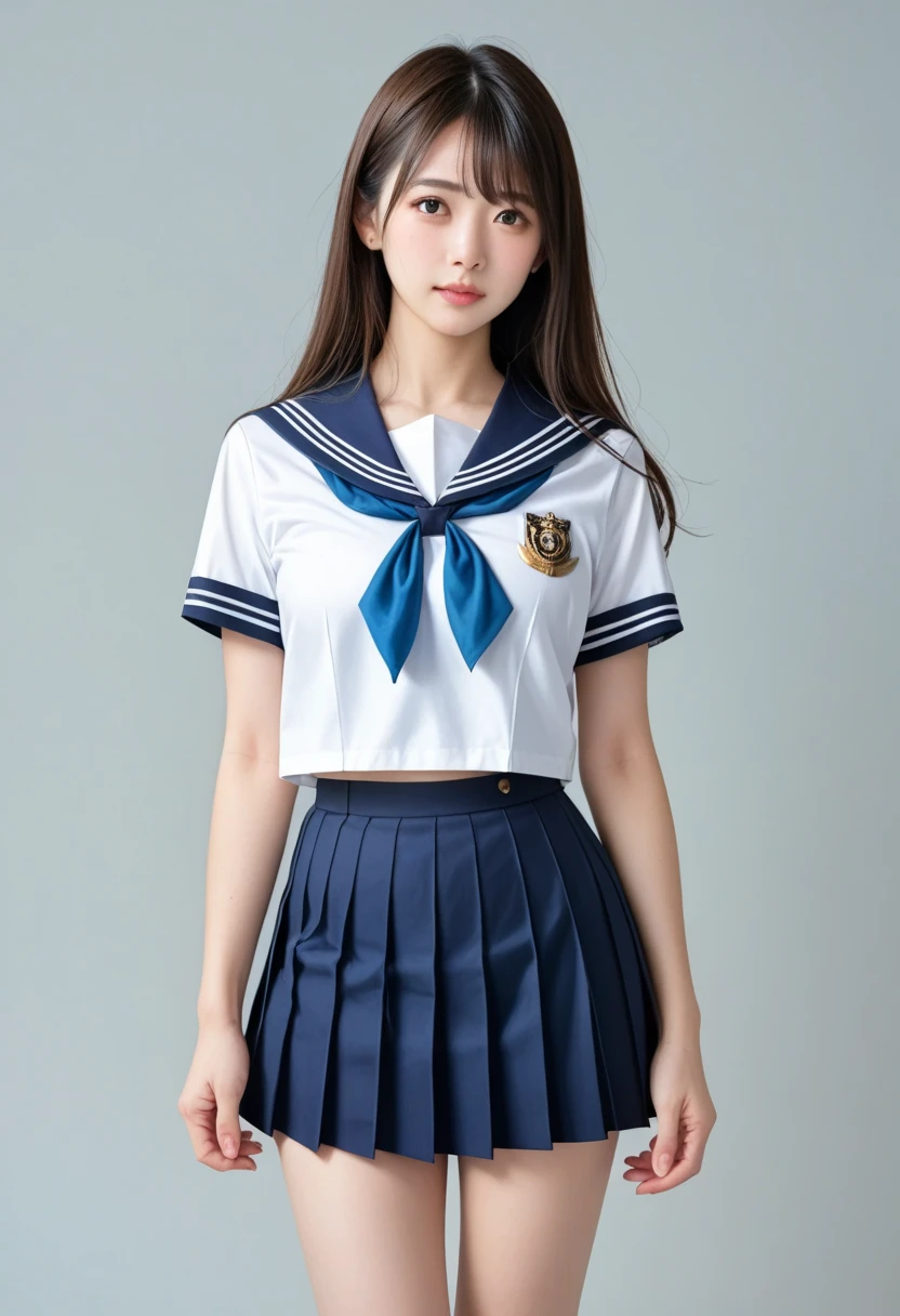 neat college girl, petite, sailor suit, school uniform, outside the athletic field, (slim, small, flat, small), photorealistic, detail, skin texture, ultra detail, delicate and sexy collarbone, smile, super detailed face, detailed lips, detailed eyes, double eyelids