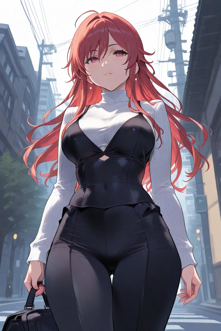 a giantess woman with red hair towering over a city and destroying it with her body