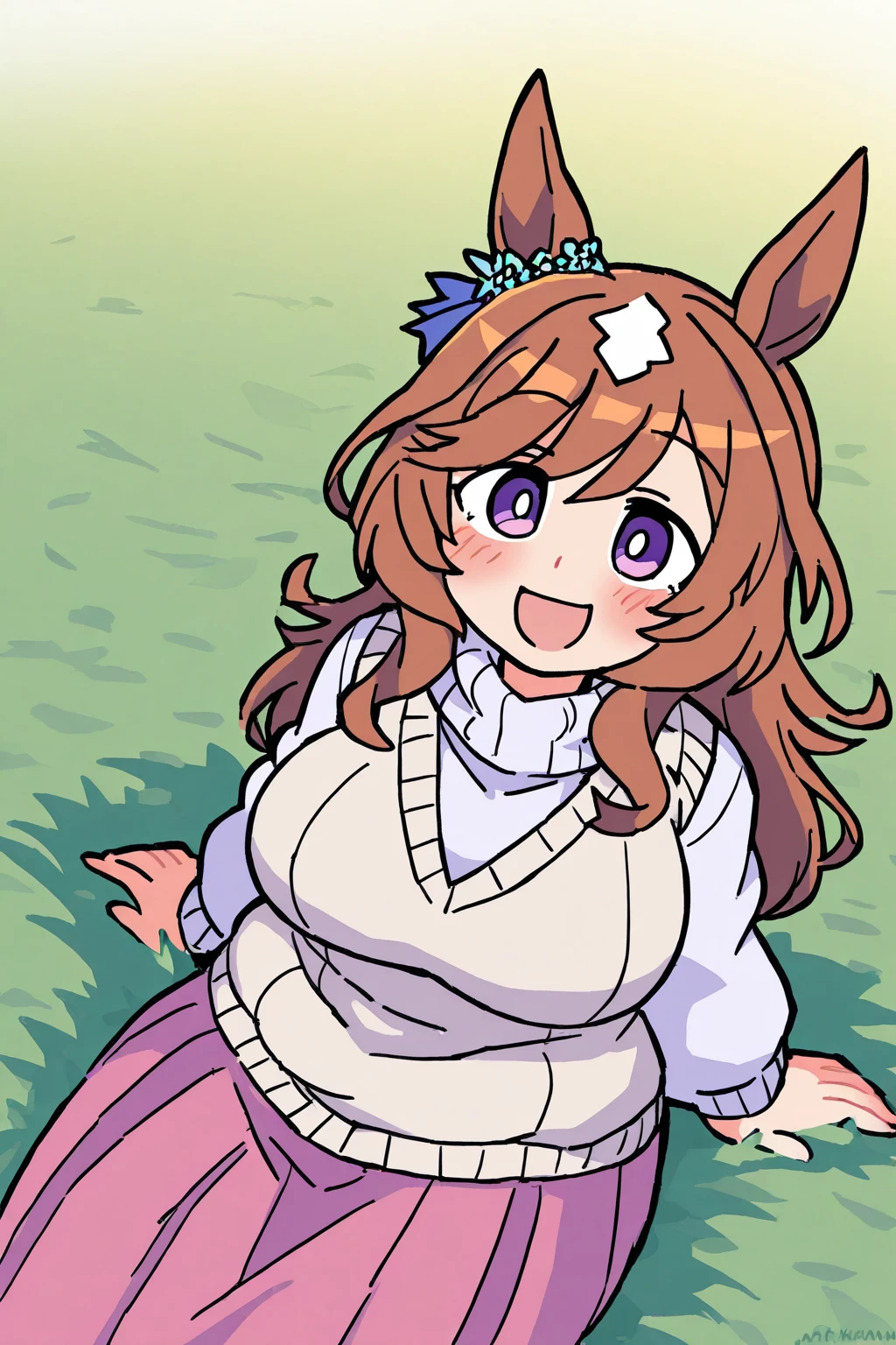 A stunning high resolution portrait masterpiece of a beautifully detailed girl with long, shiny brown hair and mesmerizing green eyes, wearing a cozy sweater and flashing a gorgeous smile that accentuates her large breasts, but perfectly formed, with white neko ears raised and her tail curled