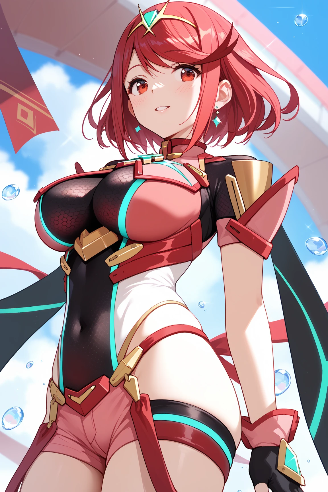 pyra \(xenoblade\), _1girl, lolings, black gloves, breasts, red eyes, shout, earrings, eyelashes, fingerless gloves, floating hair, , gem, gloves, hair ornament, headpiece, jewelry, big_breasts, leaning back, swimsuit, neon trim, official art, pose, red hair, saitou masatsugu, short hair, sidelocks, skin tight, solo, swept bangs, thighhighs, tiara, fantasy_town_background, underbust, xenoblade chronicles \(series\), (xenoblade chronicles 2), (spread_legs:1.1), fire_effect,dynamic_pose,fighting,light_smile, (plump:1.1), big_ass,huge_sword, hold_large_sword_hilt, covered_nipples, covered_pussy, fists,ponytail,beautiful_fingers,(solo:1.1), bare_shoulder,(shoulder_naked:1.2), nipple_jewel,