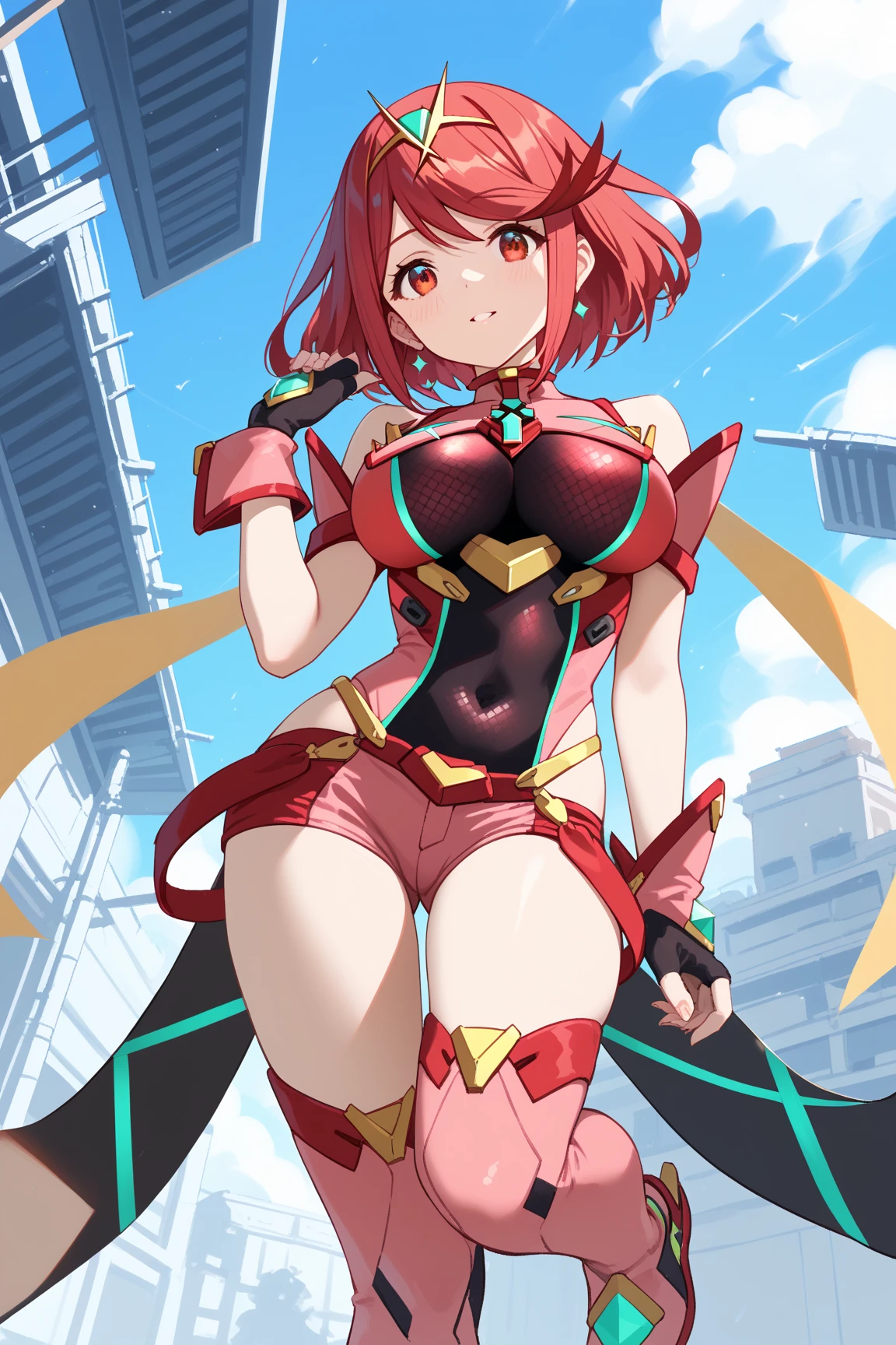 pyra \(xenoblade\), _1girl, lolimor, bangs, black gloves, breasts, red eyes, light_open_mouth, earrings, eyelashes, fingerless gloves, floating hair, framed breasts, gem, gloves, hair ornament, headpiece, jewelry, big_breasts, leaning back, leotard, neon trim, official art, pose, red hair, red shorts, saitou masatsugu, short hair, short shorts, short sleeves, shorts, sidelocks, skin tight, solo, swept bangs, thighhighs, tiara, prairie_background, turtleneck, underbust, vambraces, xenoblade chronicles \(series\), (xenoblade chronicles 2), (spread_legs:1.1), fire_effect,dynamic_pose,fighting,light_smile, (plump:1.4), big_ass,huge_sword, hold_large_sword_hilt, covered_nipples, (covered_pussy:1.2),cameltoe,back_view, fists,ponytail,plump,beautiful_fingers,(solo:1.1),