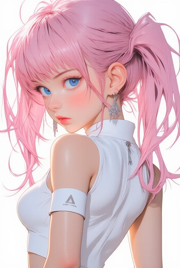 a age girl of under-average height with long pink hair which she mostly keeps in two pony tails on each side of her head. Her hair also has two thin, long bangs at the sides, two thin strands of hair over the left side of her forehead, and a spiky larger portion of hair covering the right side of her forehead. She has fierce orange eyes and furrowed eyebrows. She also as a visible pointed tooth that appears at times in the right side of her mouth. Her physique is slender, she has bikini model sized breasts. she wears a white jacket with the zipper positioned below her breasts and underneath a black tank top, and a green miniskirt.