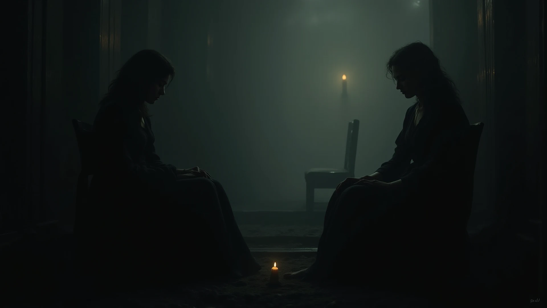 Visualize a scene of the exorcist and the possessed woman at the center, surrounded by swirling darkness and illuminated by a single candle, hinting at the climax of the story,4k,