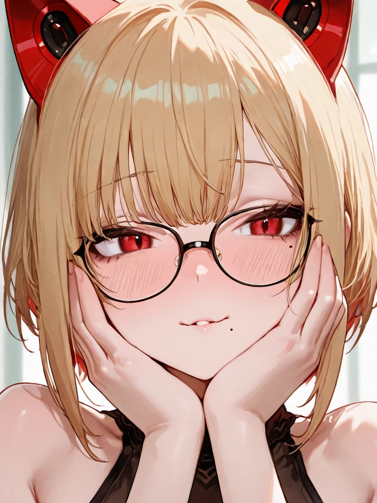 Front view, higher angle, from above, 1 girl, anatomically correct, short orange hair, messy hair, beautiful blue eyes, nerdy glasses, red lingerie, red thong, sexy ass, giving a deepthroat blowjob to the viewer, looking at the viewer while giving him a blowjob, view from office chair, a lot of cum on her face, a lot of cum in her mouth, a lot of cum on her hair, a lot of cum on her glasses, 8k, best quality