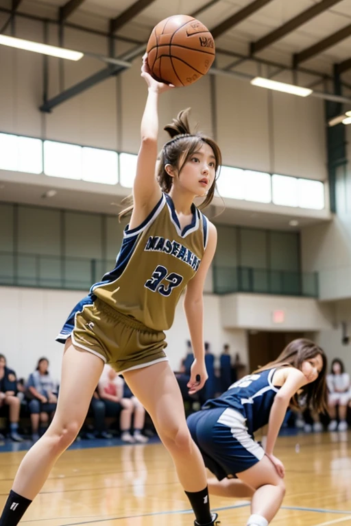 masterpiece, Highest Quality, super detail, high image quality, realistic,A few high school girls playing basketball, (DYNAMIC POSE:1.2), (Dribble with one hand) , (basketball uniform), mature women who are rebellious to me, (light brown hair) bungs, Determined Expression, (masterpieceを目指す天使:1.2) Delicate Pictures , Super Detail, (big gym) , (A few high school girls playing basketball at the big tournament) , (large audience) , Dynamic angle , shot from below , Volume Lighting, ultra-realistic , professional level , Very Detailed Description , anatomically accurate , Brilliant Colors ,