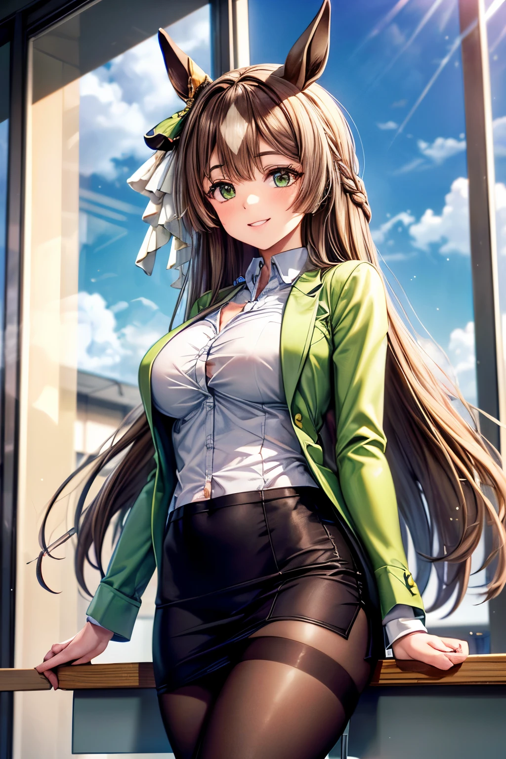 Masterpiece, Best Quality, Official Art, (Highly Detailed CG Unity 8k wallpaper), Detailed background, (Hands by Guido Daniele: 1.1), Feet out of frame, First Person View, 1, Attractive and perfect beautiful woman, Schoolgirl, JK, Schoolgirl uniform, rainy day, a lot of rain, Wind blowing, Sitting, Open legs, (Curvaceous), ( White thighs: 1.12), (brown long-haired (Ahoge: 1.13), (High Ponytail: 1.12), (Green Eyes: 1.13), Look at the Beholder, Big, (cleavage), Beautiful Face, (Blush: 1.11), (Smile: 1.11)