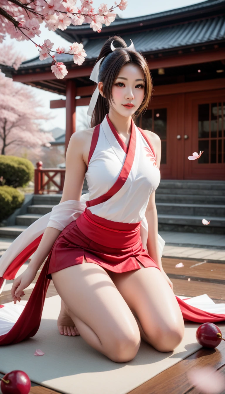 (Best Quality, Masterpiece:1.4), (Realism:1.2), (Realisitc:1.2), (Absurdres:1.2), (photorealistic:1.3), 1girl,Realistic Skin,Solo,( Very Big Eyes,beautiful detailed eyes, symmetric eyes),<lora:shiranui_mai:0.8> ,shiranui mai, japanese clothes, revealing clothes, high ponytail, pelvic curtain, ninja, thighs
