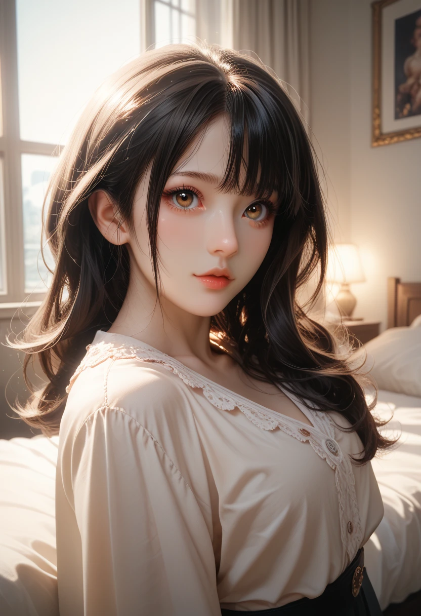 Brunette with curly black hair and brown eyes sitting on the bed admiring her mother