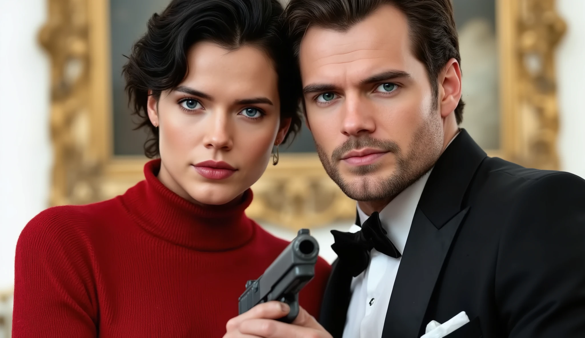 A young woman dressed in red and an expensive sweater, WITH BLACK HAIR AND GREEN EYES, holding a gun next to Henry Cavill in a tuxedo, with brown hair and blue eyes holding a gun , they both have bodies tied together holding the same gun