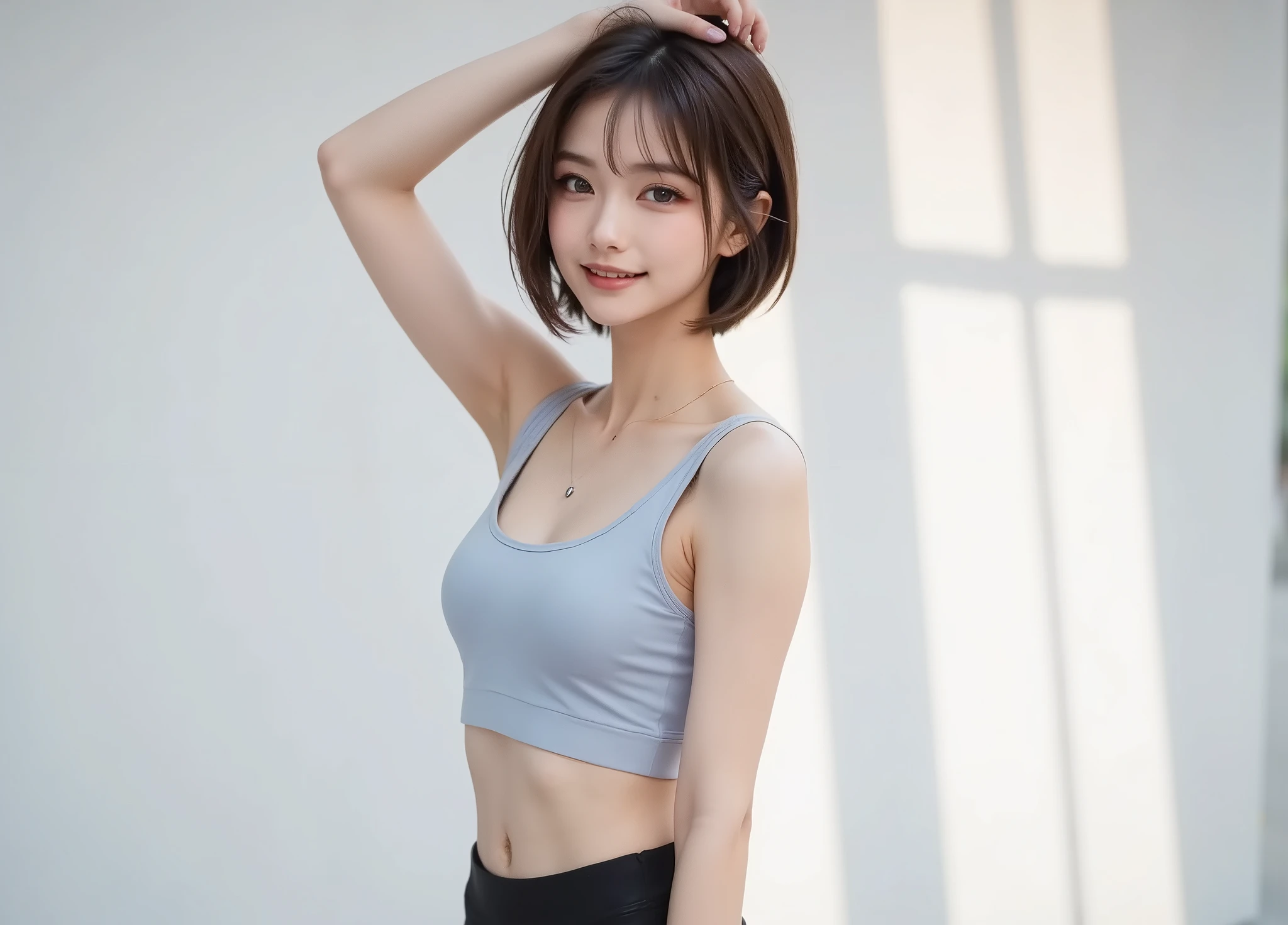 Highly detailed CG Unity 8k wallpaper, quality, ultra-detailed, masterpiece, realistically, real shot, real photo, real skin texture, highest image quality, original photo, ultra high definition, gentle smile, 25 years old, Japan person, short bob, blue hair, neatly matched bangs, short hair details, blue hair color, white sports tank top, yoga shorts, beautiful eyes, thin lips, beautiful eyes and details, light pink cheeks, beautiful Double eyelids, eye shadow, beautiful thighs, beautiful navel, beautiful abs, training room, gym, kneeling, relaxed and sexy pose, looking at the camera, smiling, cleavage details, visible cleavage