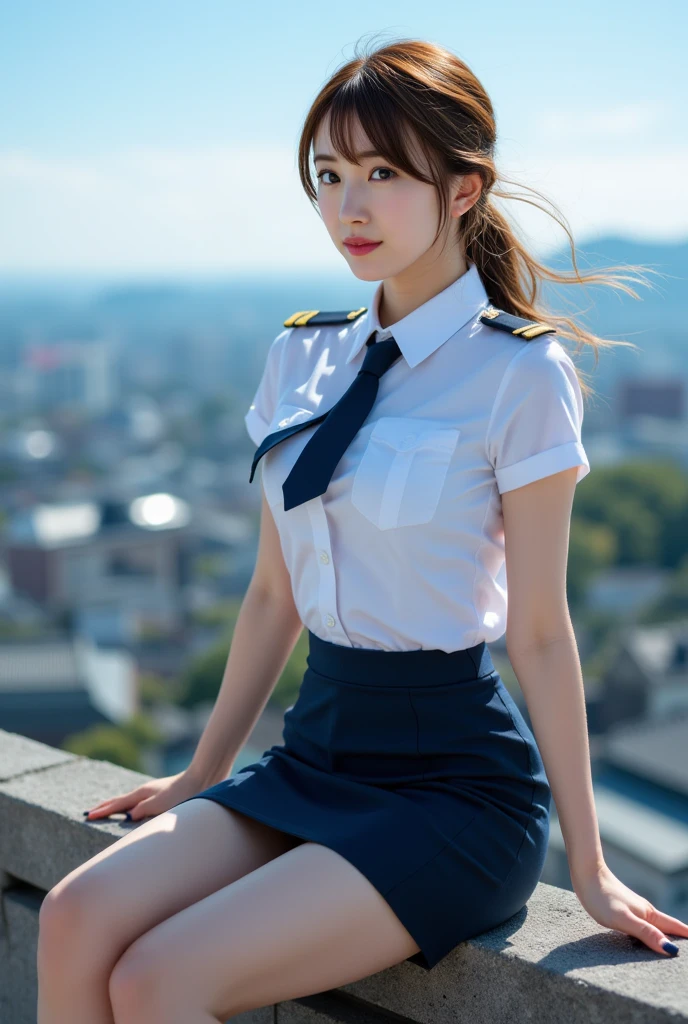policewoman uniform, light blue short sleeved shirt, navy necktie, high waisted miniskirt, belt, white gloves, police hat, handcuffs, absurdres, RAW photo, extremely delicate and beautiful, masterpiece, Best Quality, ultra high resolution, 32k, hyperrealistic, ultra-detailed, detailed description, pale skin, 20 years old, tearful mole, earring, short medium hair, wavy hair, whole body shot, legs, Redhead, Red eyes,