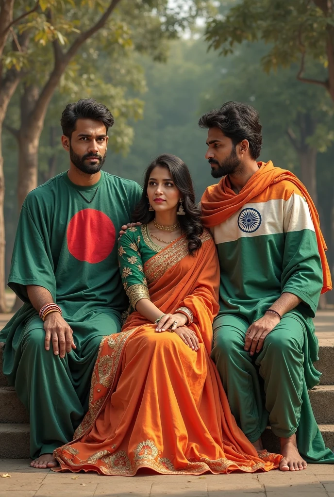 Creat affaire A 40-year-old Hindu man wearing an orange dhoti kurta And Tilak in the head is kissing a 20-year-old Muslim girl wearing a Pakistani flag green hijab
