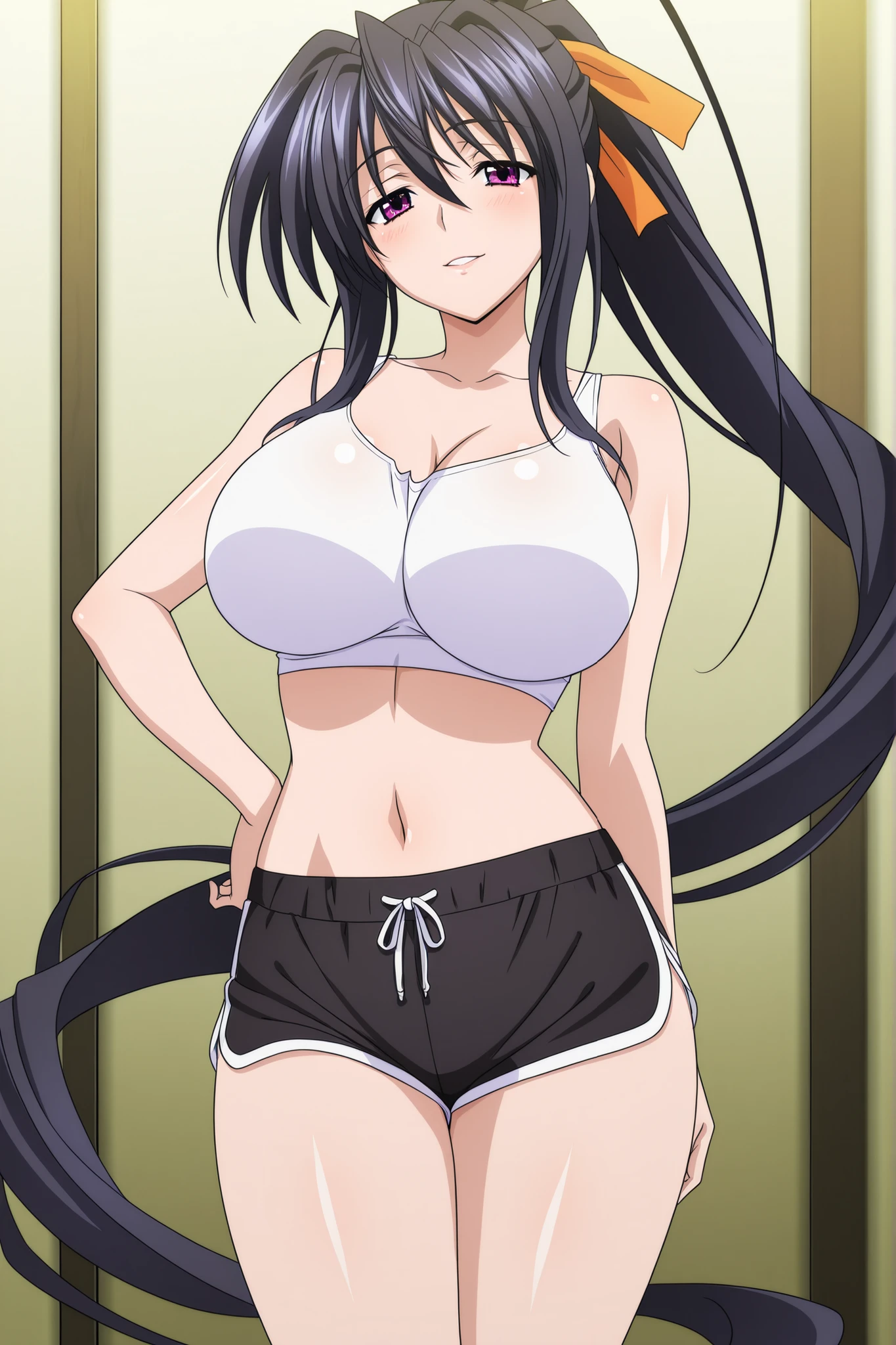 Best quality, masterpiece, himejima_akeno, a girl, long hair, solo, black hair, big breasts, very long hair, purple eyes, huge breasts, large breasts,purple eyes, anime coloring, anime screencap, seductive smile, standing, looking at viewer, solo, white crop top, black dolphin shorts, braids,seductive pose, front view, hand on hip